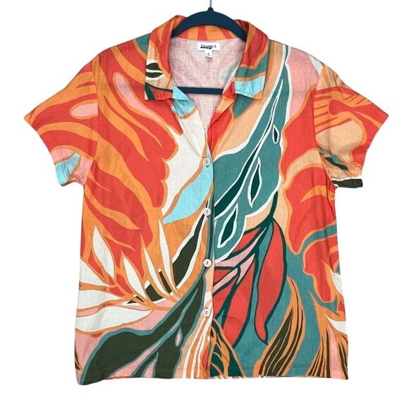 Vitamin A Retro Jungle Linen Blend Button Up Tropical Shirt Orange & Green SZ Sm - Picture 6 of 8